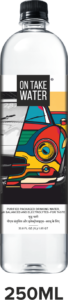 Clear plastic bottle labeled "ON TAKE WATER" with a colorful car graphic and black cap.