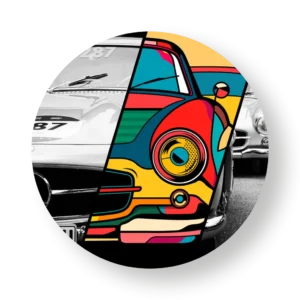 A classic Mercedes car split into two helves, one in black and white and the other in vibrant pop art style, show casing ON TAKE's bold visual storytelling.