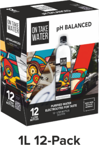 On Take Water 1L 12-Pack box featuring vibrant, artistic packaging design with a sleek water bottle image. The label highlights “pH Balanced” and “Purified Water with Electrolytes,” showcasing On Take Water’s commitment to hydration, taste, and premium quality.

