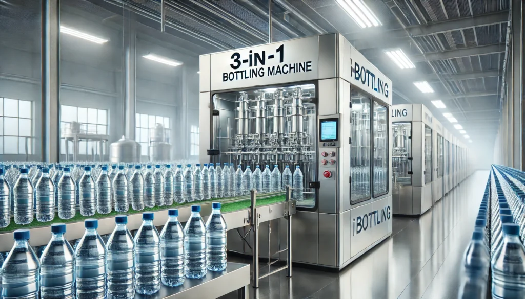 "High-speed 3-in-1 water bottling machine in action, filling and sealing On Take Water bottles for safe and efficient packaging."