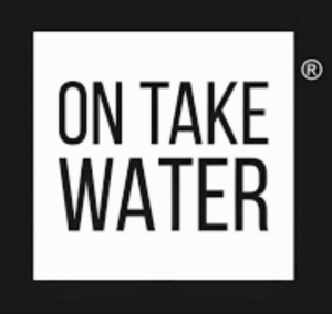 Minimalist black-and-white On Take Water logo with bold, uppercase typography placed inside a white square on a black background, conveying a clean and premium brand identity.

