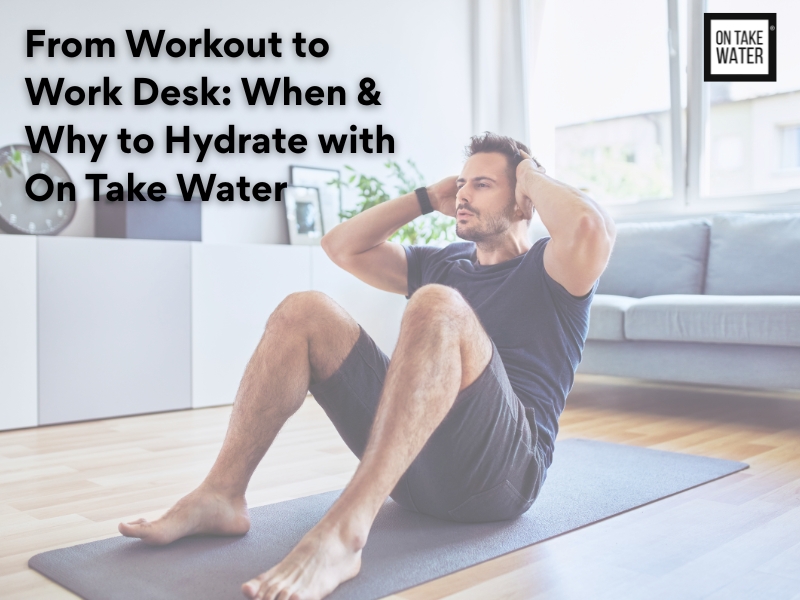 A man doing sit-ups on a yoga mat in a bright living room, promoting fitness and hydration with On Take Water.