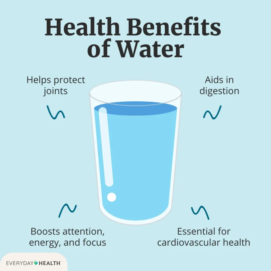 An infographic illustrating the key health benefits of water—joint protection, digestion support, improved focus and energy, and cardiovascular health—emphasizing the quality promise of On Take Water.