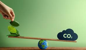 "Balancing scale concept with green leaves and CO2 symbol, representing carbon footprint reduction and sustainability for On Take Water initiatives."