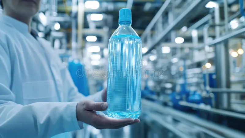 Scientist holding a clear plastic bottle of purified water in a modern water bottling facility.

