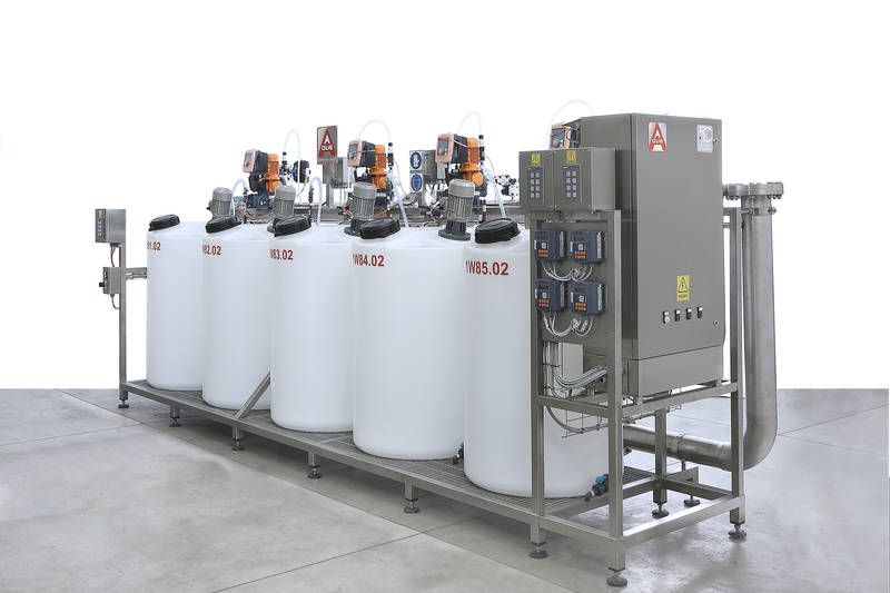 "Industrial water remineralization system with multiple dosing tanks and automated control units for On Take Water quality enhancement."