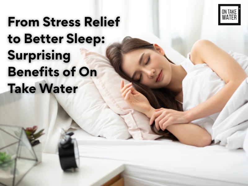 Woman sleeping peacefully in bed after drinking On Take Water, highlighting benefits like stress relief and better sleep.