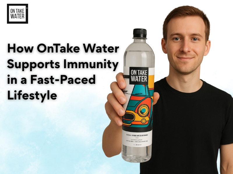 Man holding On Take Water bottle showcasing benefits for immunity in a fast-paced lifestyle.