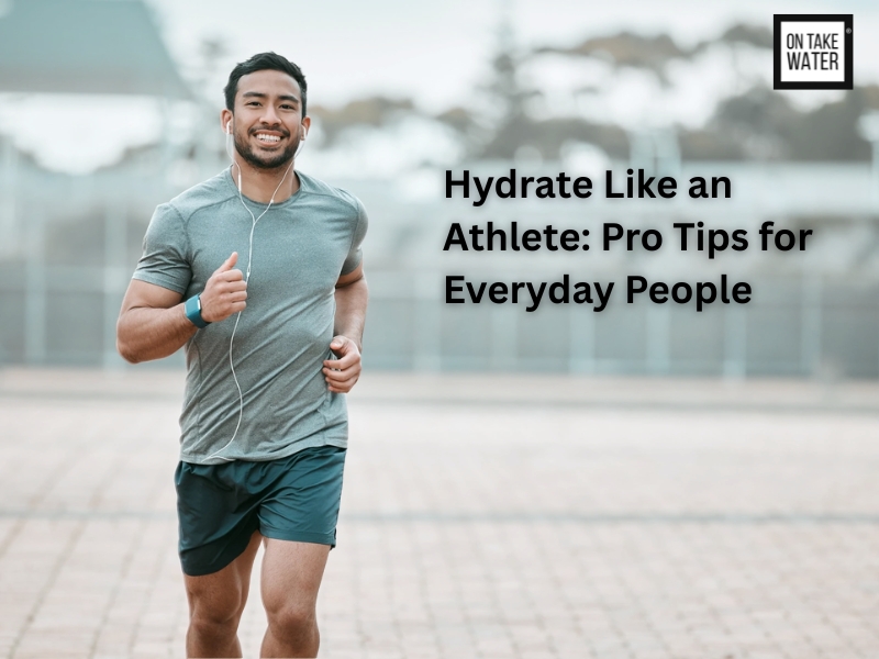 Smiling athlete jogging outdoors while listening to music, promoting On Take Water hydration tips for everyday people.