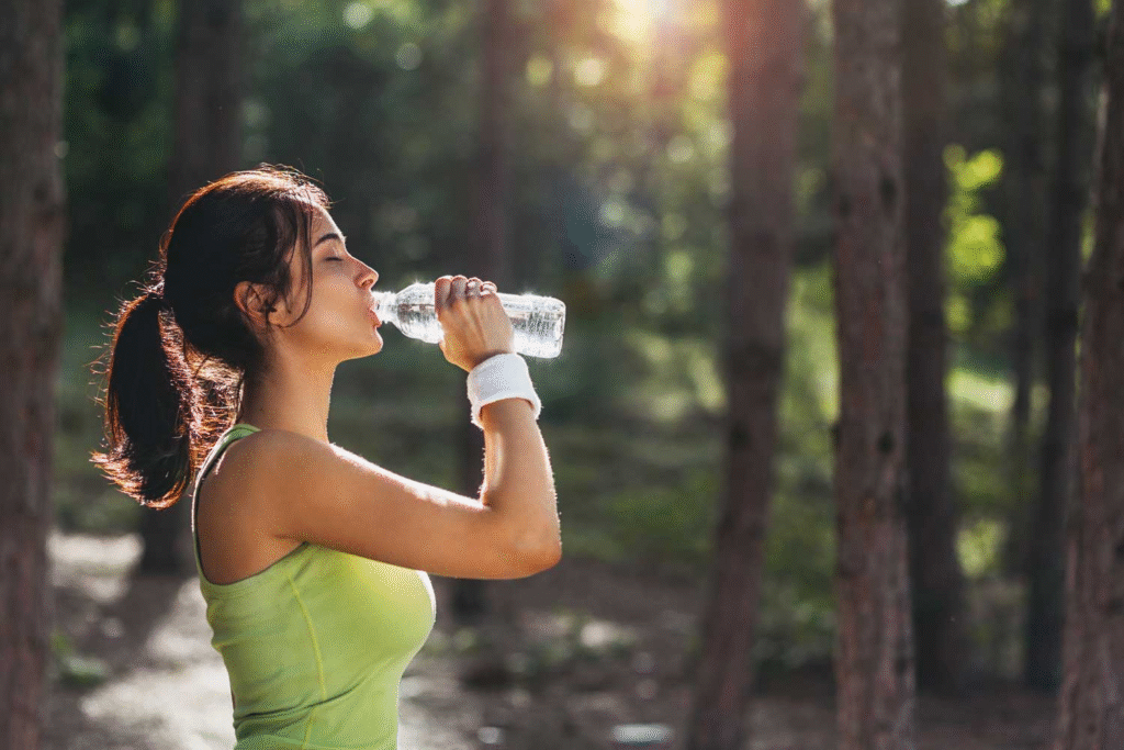 Young woman in a green sports tank top drinking water from a plastic bottle in a forest, highlighting hydration benefits, water intake, fitness, and mood improvement after exercise.