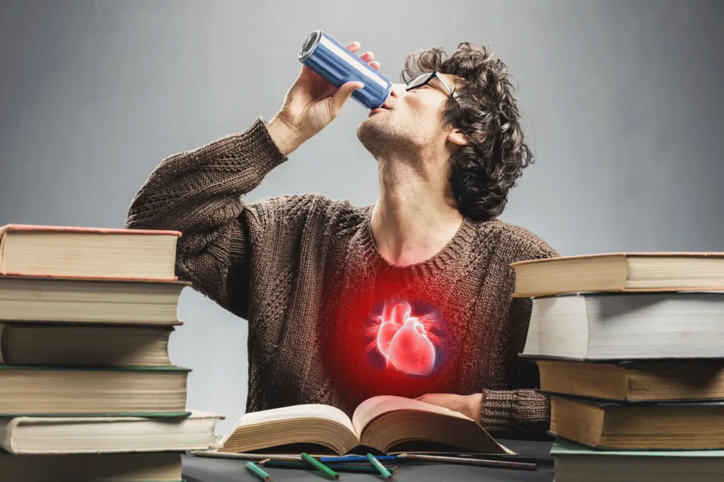 "A young man studying with stacks of books drinks from an energy drink can, with a glowing heart illustration on his chest symbolizing the potential negative impact of energy drinks and caffeine on heart health."