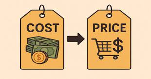 Illustration of two price tags: one labeled “Cost” with money symbols and another labeled “Price” with a shopping cart and dollar sign, representing the comparison between production cost and selling price to assess true value.